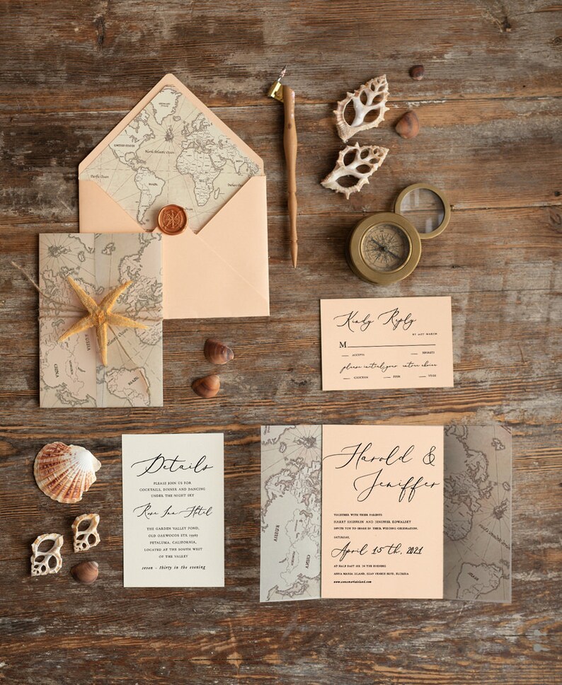 Bespoke Marine Beach Blush Wedding Invitations Vellum Wrapping Wedding Invites With Old Map, Custom Sea Starfish Travel Wedding Cards 20 Pcs image 4