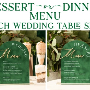Green Velvet Arch Dinner or dessert Menu, or Plexi Wedding Menu Sign with Stand, green velvet wedding menu sign, GV
