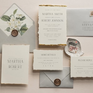 Minimalist Botanical Wedding Invitations, Deckled Golden Edge Wedding Invites, Elegant Ivory & Grey Invitation Suite, Vintage Wedding Cards