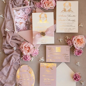 Vintage Baroque Wedding Invitation suite Blush Golden Wedding Invitations Victorian wedding crest Chinoiserie Invites Royal Ornamental frame