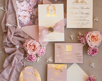 Vintage Baroque Wedding Invitation suite Blush Golden Wedding Invitations Victorian wedding crest Chinoiserie Invites Royal Ornamental frame