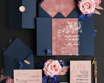Modern Navy pink Acrylic wedding invitation set, Blue and Mauve Wedding Invitations, Blush Pink Velvet Invites Suite, Luxury Wedding Cards