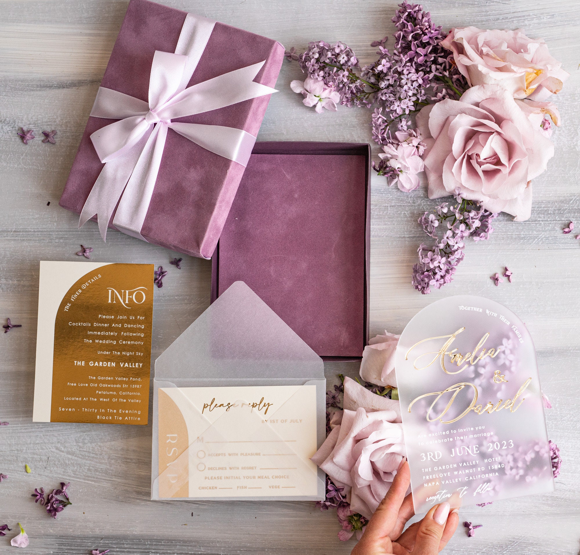 Luxury Mauve Velvet Box Wedding Invitations With Ribbon Bow, Elegant ...