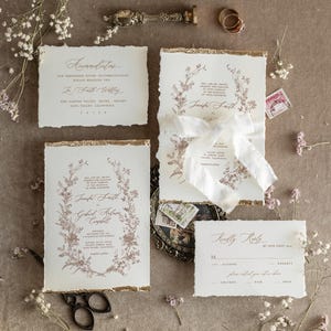 Deckled Edge Wedding Invitations Beige with Gold – Fine Art Floral Wreath Invitation Suite image 3