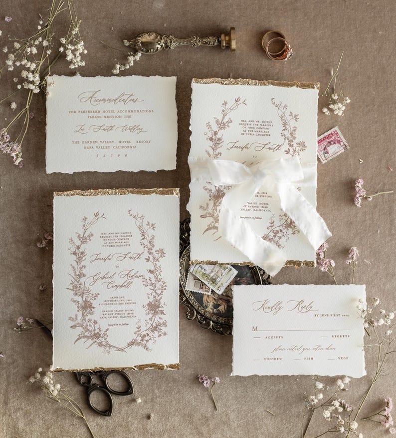 Deckled Edge Wedding Invitations Beige with Gold – Fine Art Floral Wreath Invitation Suite image 3