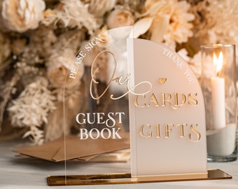 Arch Frosted Acrylic gifts and cards signs with stand, Transparent Acryl guestbook Sign, Golden Plexi gifts and cards signs, Luxury Wedding