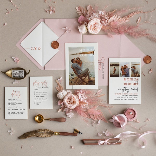 Erschwingliche Hochzeitseinladung Foto, einfache rosa Hochzeit lädt ein, moderne Hochzeitseinladungen Fotos, elegante minimale Einladungskarten eingestellt