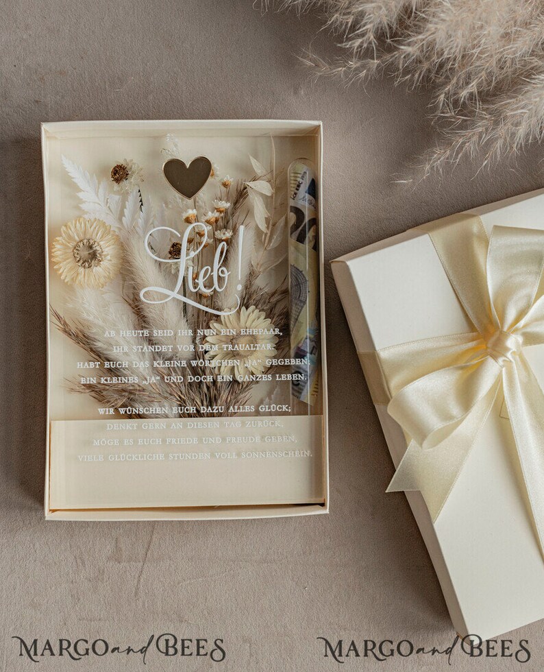 Geschenkschachtel für Geld Geldgeschenk zur Hochzeit mit Strauß aus Trockenblumen personalisiert Geschenk für Brautpaar Reagenzglas für Geld