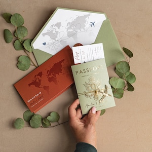 Sage Green & Terracotta Gold Passport Wedding Invitation, Map Wedding Cards Boarding Pass, Passport Cards Abroad, Destination Invites