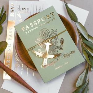 Gold Passport Travel Wedding Invitation, wedding abroad Boarding Pass, Plane ticket Tag Invitations, Destination Sage green wedding cards