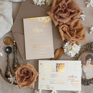 Vintage Baroque Wedding Invitation suite Beige Golden Wedding Invitations Victorian wedding crest Chinoiserie Invites Royal Ornamental frame image 8