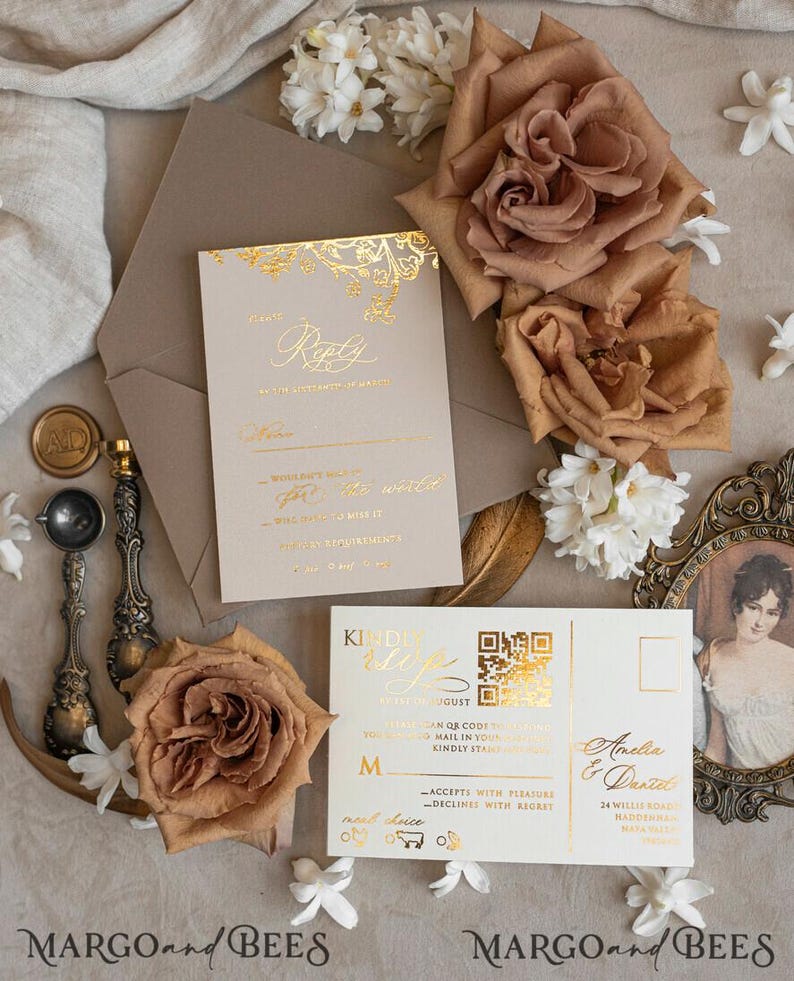 Vintage Baroque Wedding Invitation suite Beige Golden Wedding Invitations Victorian wedding crest Chinoiserie Invites Royal Ornamental frame image 8