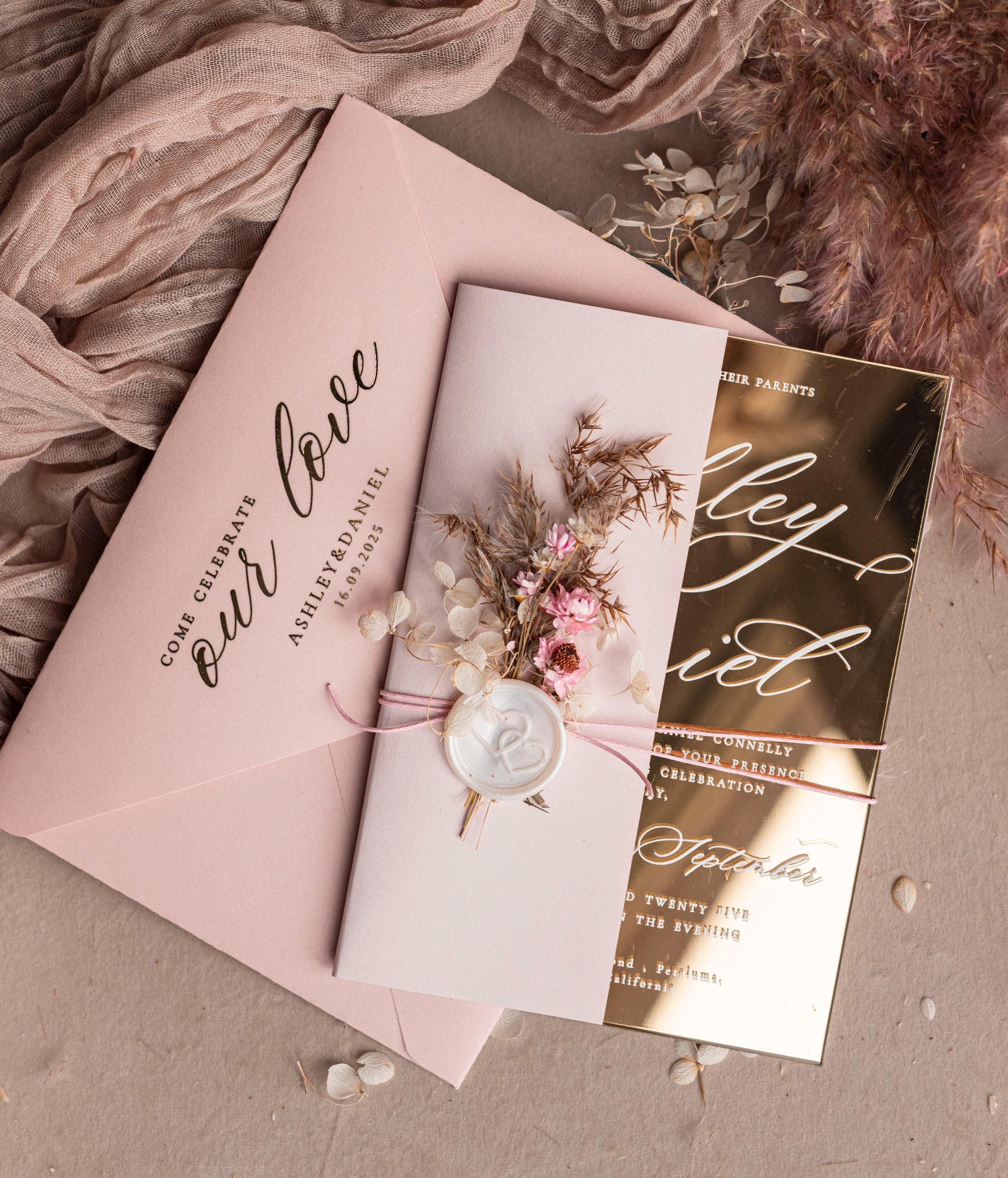 Acrylic Wedding Invitations Mirror Gold with Blush Pink