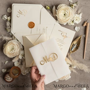 Minimalistic Gold Acrylic Wedding Invitations Luxury Golden Wedding Invites Vellum Pocket Modern Elegant Plexi Ivory Suite Wedding Crads Set