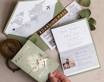 May include: A collection of wedding stationery with a travel theme. The set includes a passport-style invitation, boarding pass, RSVP card, and an envelope with a world map design. The color scheme is sage green and gold, with a compass and airplane accents.
