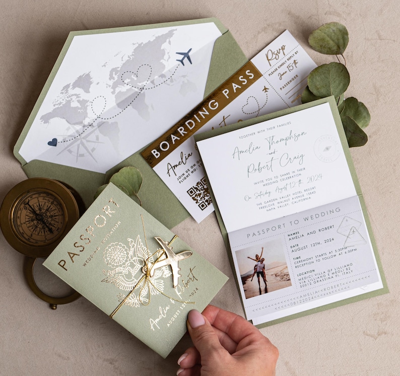 Destination Wedding Passport Invitations Sage Green – Boarding Pass Invite Tuscany Style bild 1