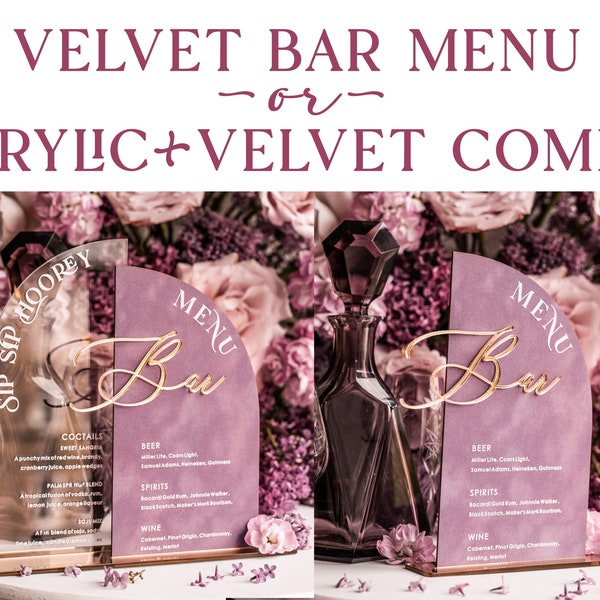 Mauve Velvet Bar Menu, Acrylic Half Arch Table Sign and Acrylic Velvet combo, Mauve Velvet Sign, Luxury Wedding Table Sign, MvS