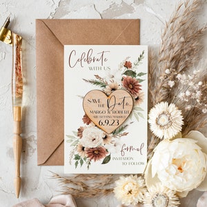 Bewaar-de-datum-kaart bruiloft en hartmagneet, blush ivoor Save Our Date-magneten, boho-save-onze-datums-kaarten houten magnetenkaarten