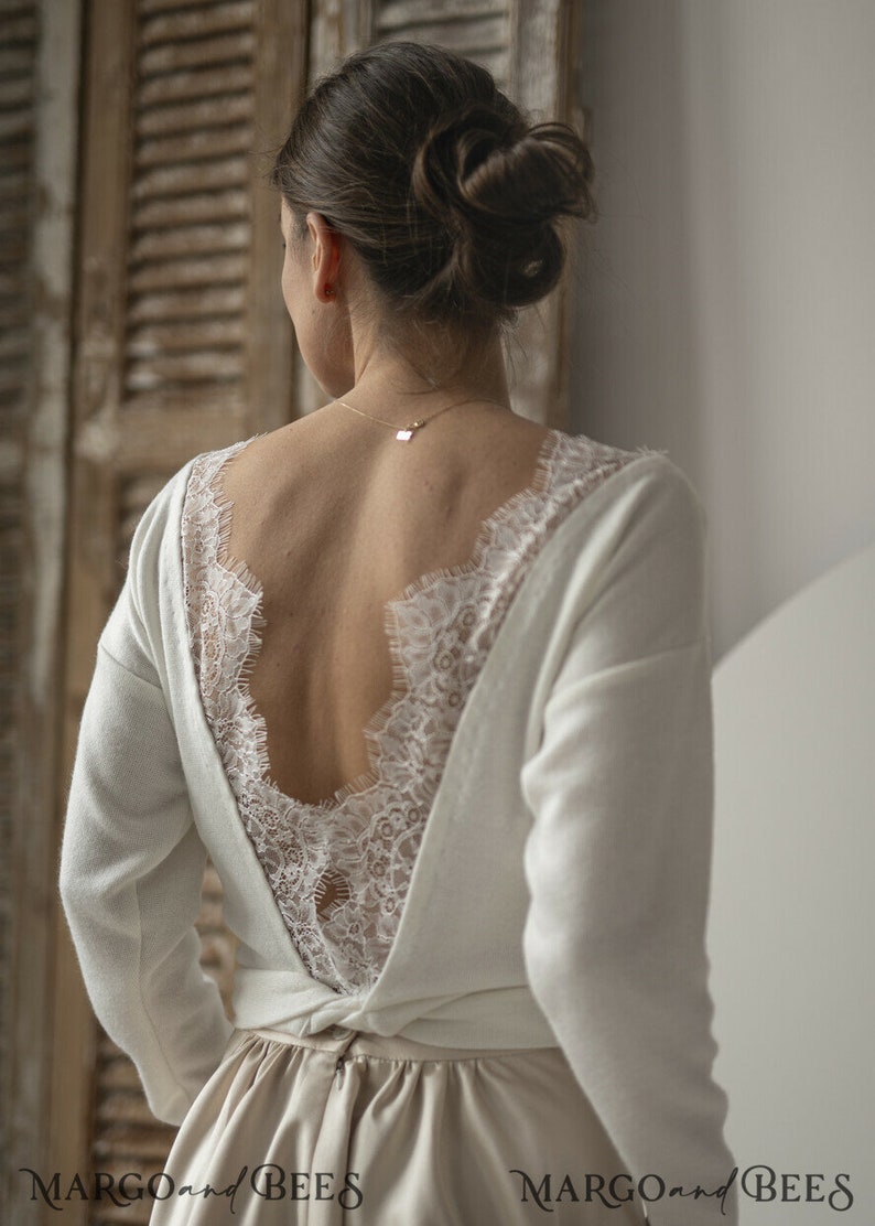 Off-white Wedding bolero, Backless with Lace, Long Sleeve Women's Wedding Shrug, Bridal Sweater Cover, Bridal Blouse,