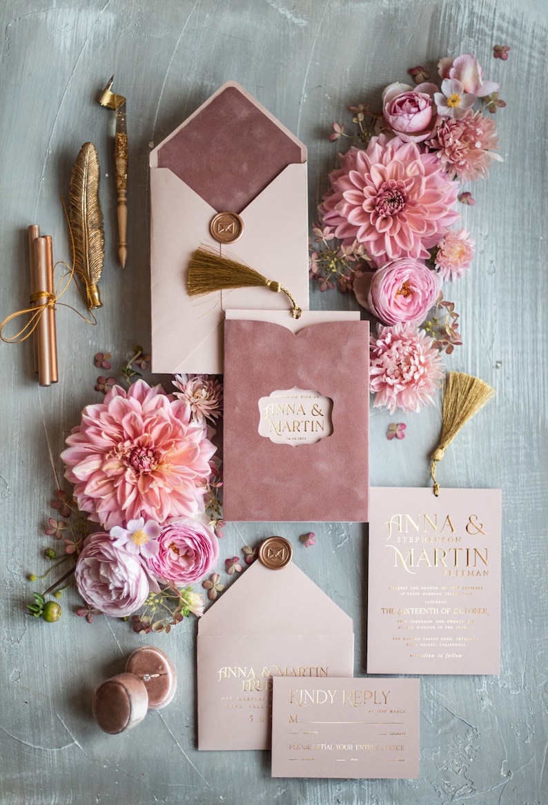 Luxury Blush Pink Velvet Wedding Invitations Gold Foil - Etsy UK
