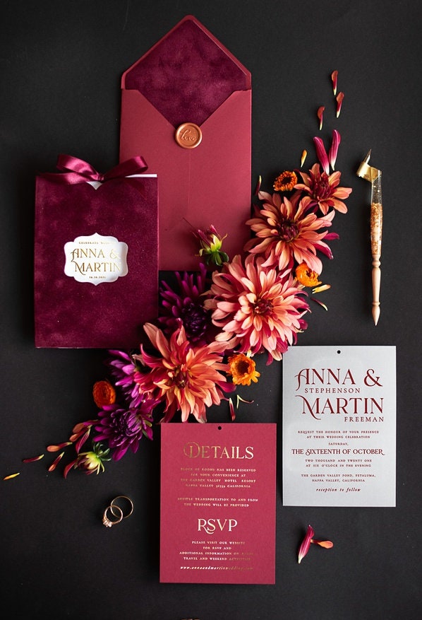 Custom Hot Stamped Red Vegan Leather Envelope - Luxury Wedding Invitations,  Handmade Invitations & Wedding Favors