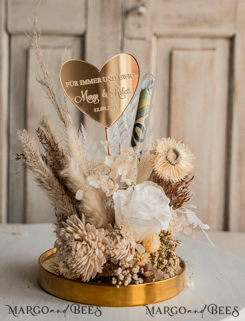 XXL Geschenkschachtel für Geld Geldgeschenk zur Hochzeit mit Strauß aus Trockenblumen personalisiert Reagenzglas für Geld gift box for money