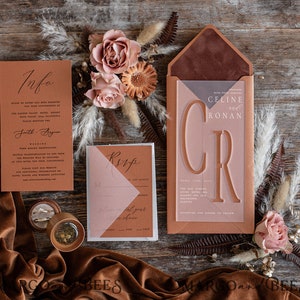 Ensemble de faire-part de mariage acrylique glacial en terre cuite, velours, invitations de mariage dorées de luxe automne, élégantes cartes de mariage rouille, faire-part orange brûlé