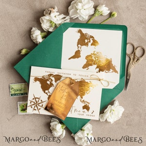Green Travel Save the Date Acrylic Tag Magnet Card Gold Luggage Tag Wedding Save The Dates Acrylic Magnets Save our Date Cards destination