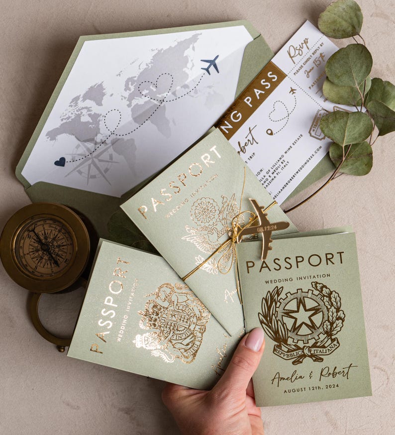 Destination Wedding Passport Invitations Sage Green – Boarding Pass Invite Tuscany Style bild 7