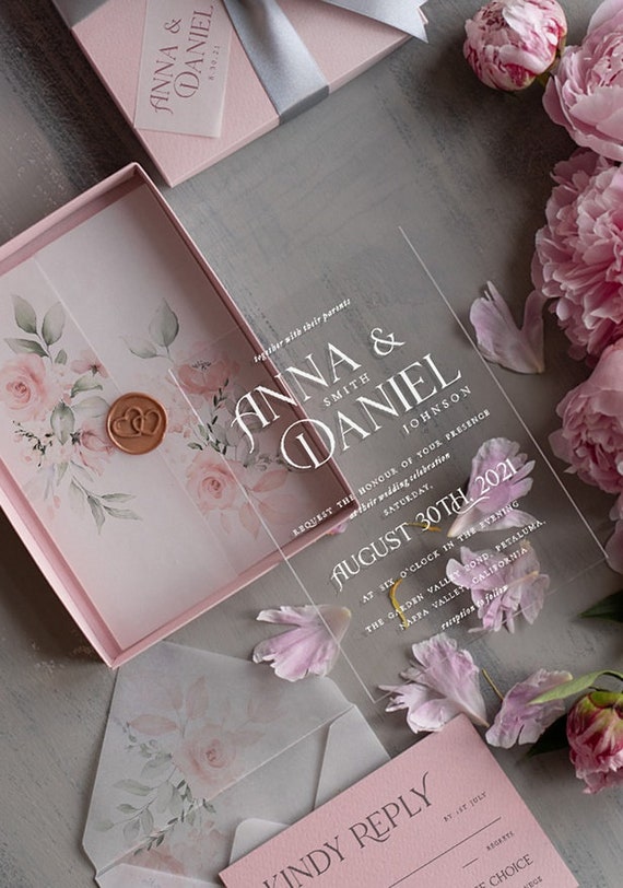 Blush Pink Floral Geometric Clear Acrylic Wedding Invitations CA039