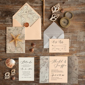 Bespoke Marine Beach Blush Wedding Invitations Vellum Wrapping Wedding Invites With Old Map, Custom Sea Starfish Travel Wedding Cards 20 Pcs image 2