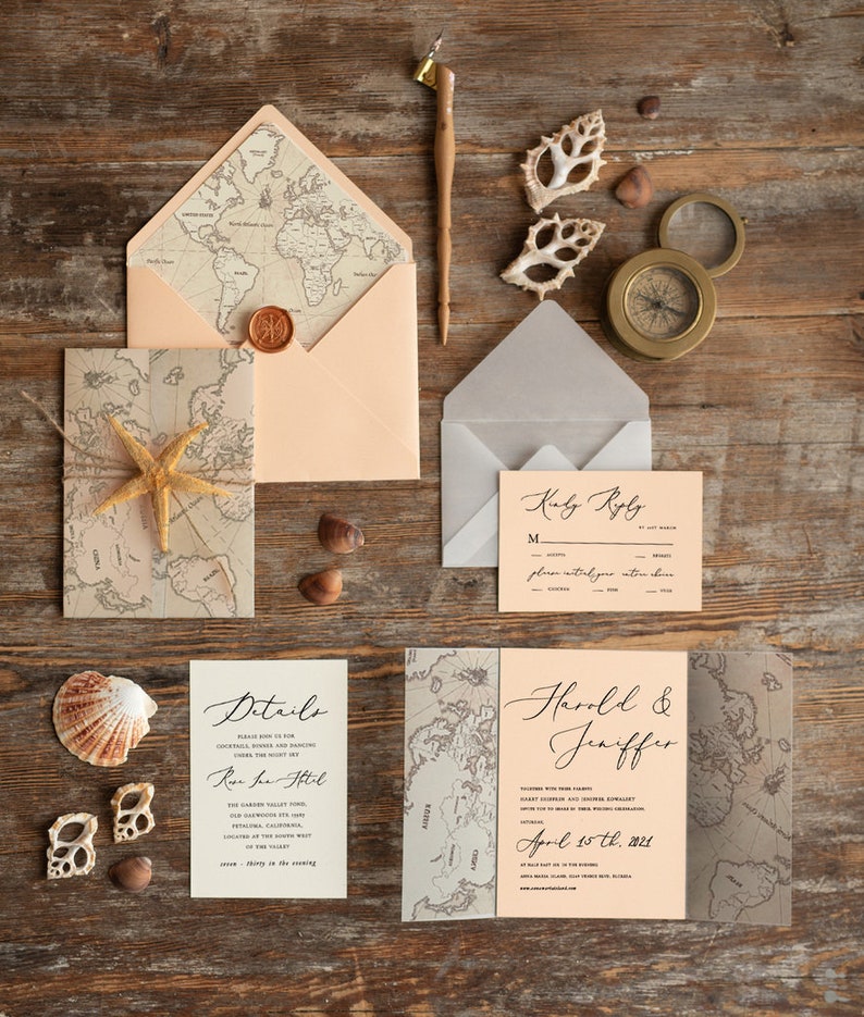 Bespoke Marine Beach Blush Wedding Invitations Vellum Wrapping Wedding Invites With Old Map, Custom Sea Starfish Travel Wedding Cards 20 Pcs image 2