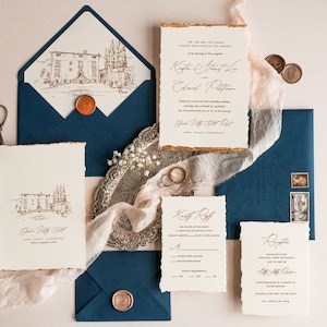 Marineblauwe huwelijksuitnodigingen, gouden rand trouwkaarten met gouden rand, aangepaste locatie trouwkaartsuite, vintage trouwkaarten