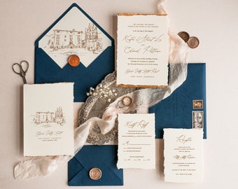 Navy Blue Wedding Invitations, Deckled Gold Edge Wedding Invites, Custom Venue Wedding Invitation Suite, Vintage Wedding Cards