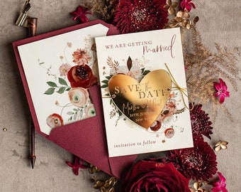 Cartão personalizado de acrílico dourado Borgonha com ímã para salvar a data, salve as datas, ímãs de plexiglass, cartão boho dourado moderno para salvar nossa data