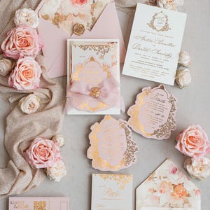 Vintage Baroque Wedding Invitation suite Blush Golden Wedding Invitations Victorian wedding crest Chinoiserie Invites Royal Ornamental frame