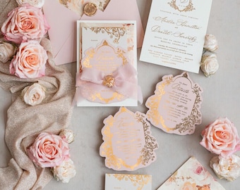Vintage Baroque Wedding Invitation suite Blush Golden Wedding Invitations Victorian wedding crest Chinoiserie Invites Royal Ornamental frame