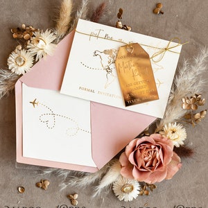 Personalisierte Reise-Save the Date Acryl Magnet und Karte Gold Blush rosa Gepäckanhänger Hochzeit sparen die Daten Acryl Magneten Ziel