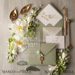 Frozen Acrylic Wedding Invitations, Tuscany Wedding Invites, Sage green frosted Wedding Invitation, Bespoke golden plexi glass Invites Suite