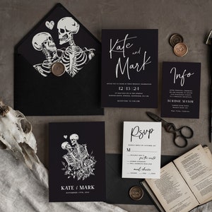 Halloween-Hochzeitseinladungen, Schwarze Einladungen, Die Liebenden Tarot lädt Gothische Hochzeitseinladungskarten ein, Skeletthochzeits-Set schwarz