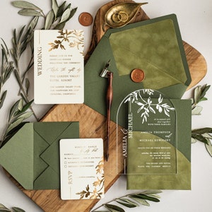Arch Acryl Gold Hochzeitseinladungen, Griechenland Olive Hochzeitseinladungen Set Samttasche, Toskana Elegante Plexi Suite Italien Hochzeitskarten Set