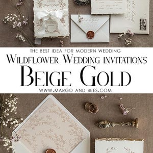 Deckled Edge Wedding Invitations Beige with Gold – Fine Art Floral Wreath Invitation Suite image 4
