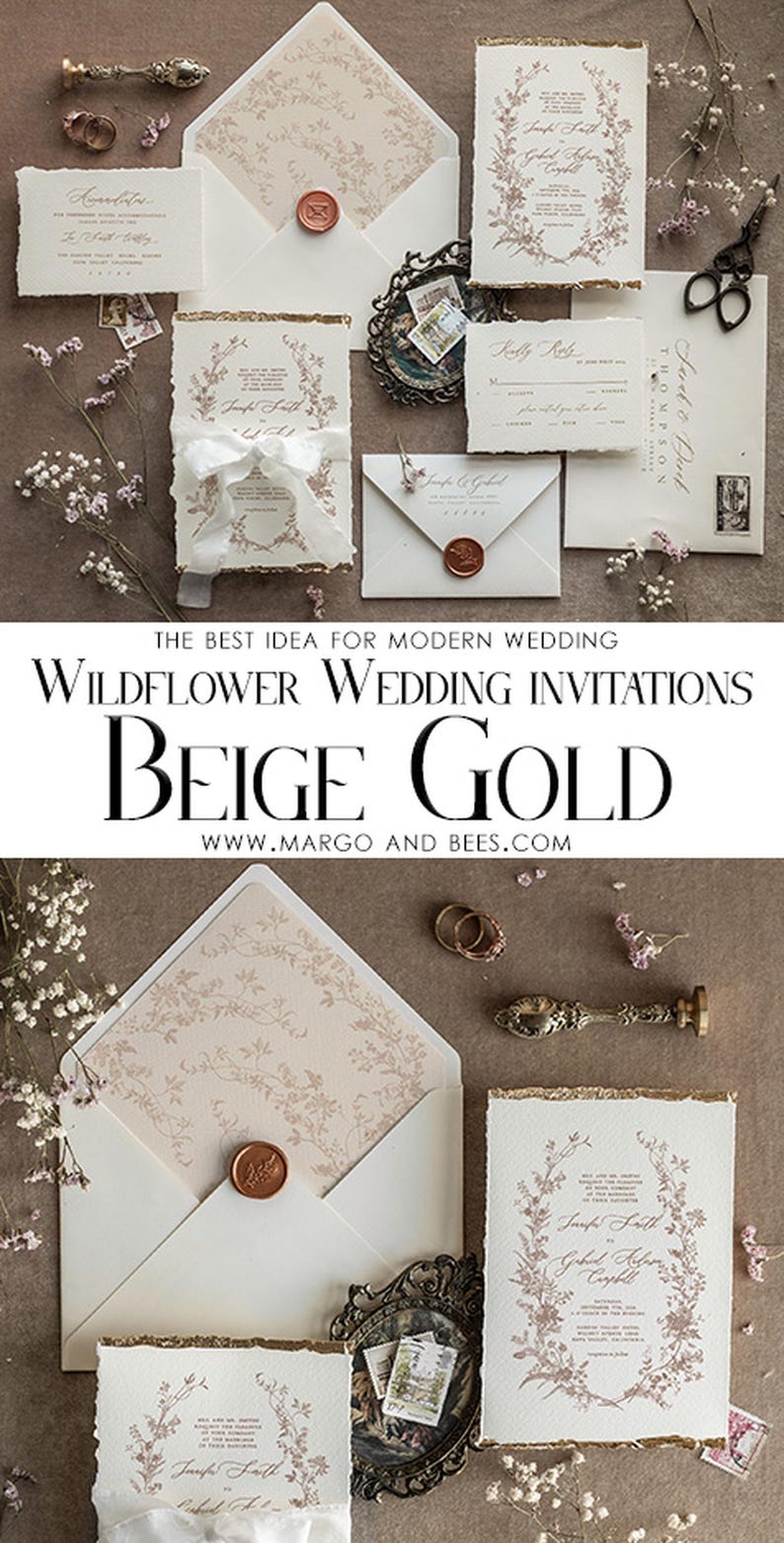 Deckled Edge Wedding Invitations Beige with Gold – Fine Art Floral Wreath Invitation Suite image 4