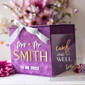 Gift Card Box & Cards well wishes Sign Set , Velvet Purple wedding wishing well money gift card box, Personalized Wedding Card Box, BVpx3