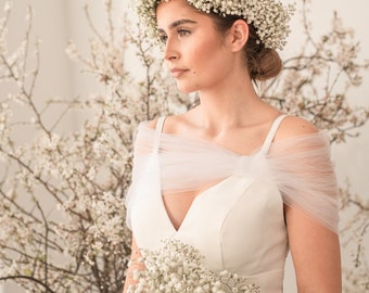 Boléro de mariage en tulle blanc, mariage pour femmes haussement d’épaules, dissimulation en tulle de mariée, chemisier blanc pour la mariée, topper de robe de mariée, topper de robe