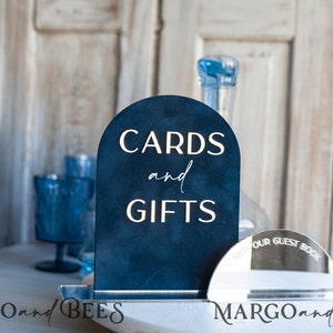 Navy Blau Silber Acryl Schilder mit Ständer, Dunkelblauer Samt und Siler Spiegel Gästebuch Schild, Plexi Geschenke und Karten Schilder, Nav