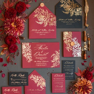 Elegant Burgundy and Gold Wedding Invites, Maroon Glamour Invites, Romantic Floral Wedding Invitation Suite, Marsala Wedding Cards Indian