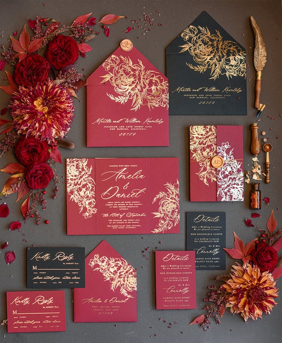 Elegant Burgundy and Gold Wedding Invites, Maroon Glamour Invites, Romantic Floral Wedding Invitation Suite, Marsala Wedding Cards Indian