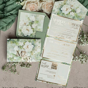 Tri fold Luxury sage green Mirror gold Wedding Invitations Elegant garden Wedding Cards Acrylic Monogram Wedding Invites Mirror Plexi floral