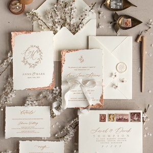 Ecru Fine Art Wedding Invitations Deckled Golden Edge Wedding Invites, Elegant Ivory Wedding Invitations Suite Vintage Wedding Cards